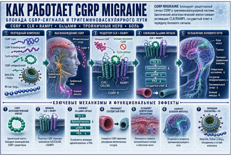Как работает CGRP Migraine - липоциклопептидный CGRP-модулирующий комплекс для нейроваскулярной поддержки