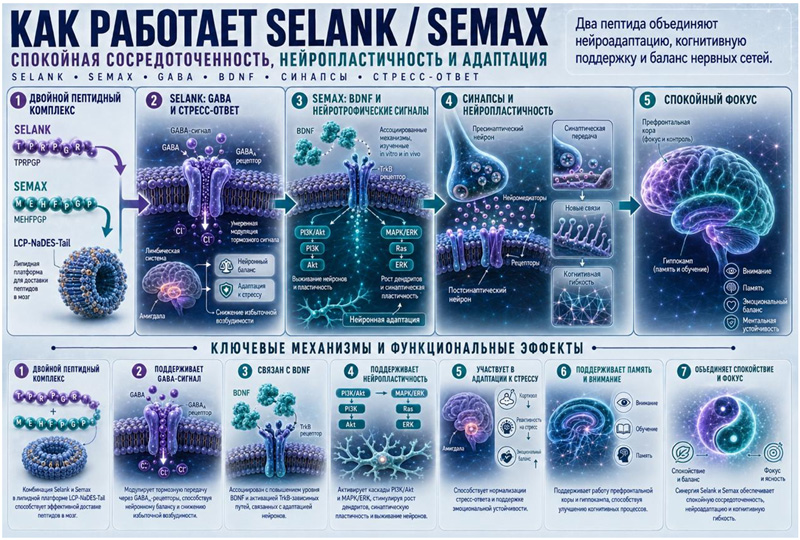 Как работает Semax Selank - двойной пептидный комплекс для функциональной поддержки сосредоточенности, внимания, адаптации к стрессу
