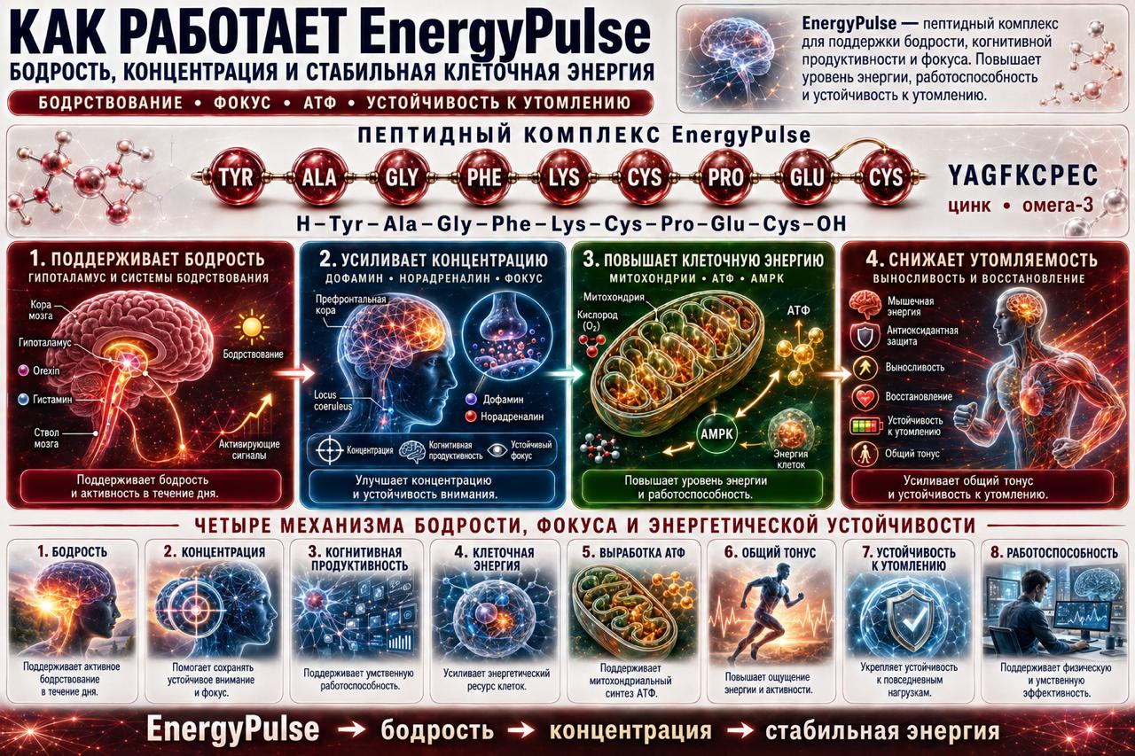 Как работает EnergyPulse пептидный комплекс аминокислот, 50 мл