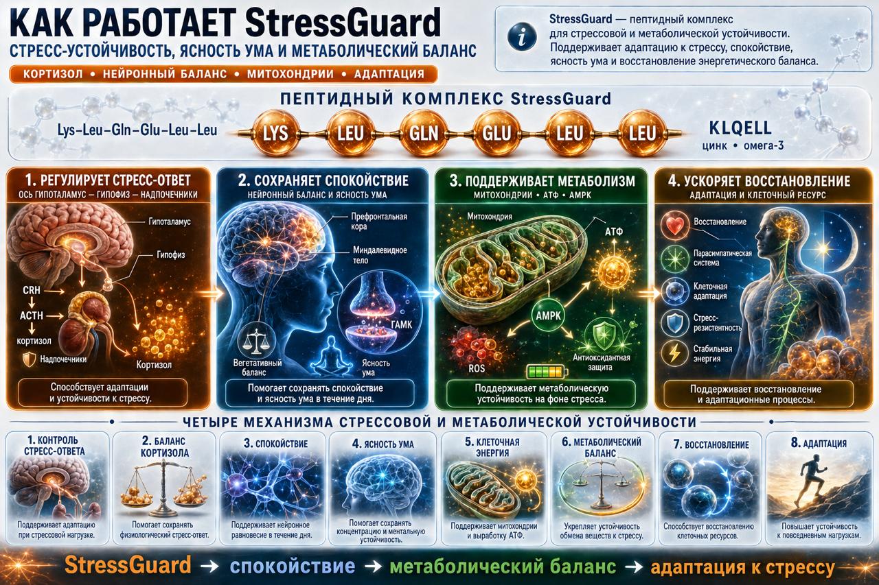 Как работает StressGuard пептидный комплекс аминокислот, 50 мл